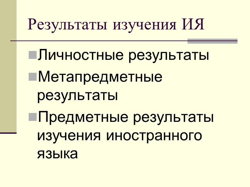 Результаты изучения ИЯ Личностные результаты Метапредметные результаты Предметные результаты изучения иностранного языка